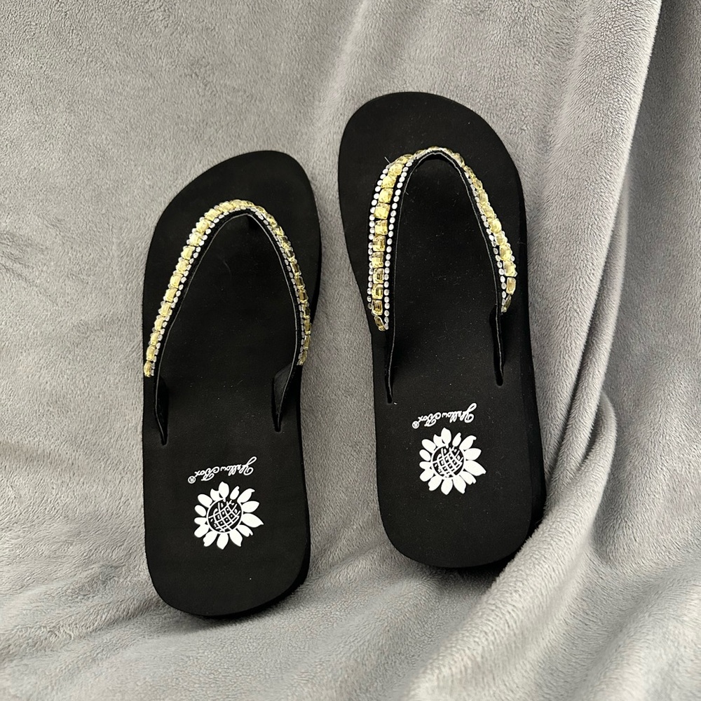 Yellow Box Black Sandals with Yellow and Silver Beaded Straps